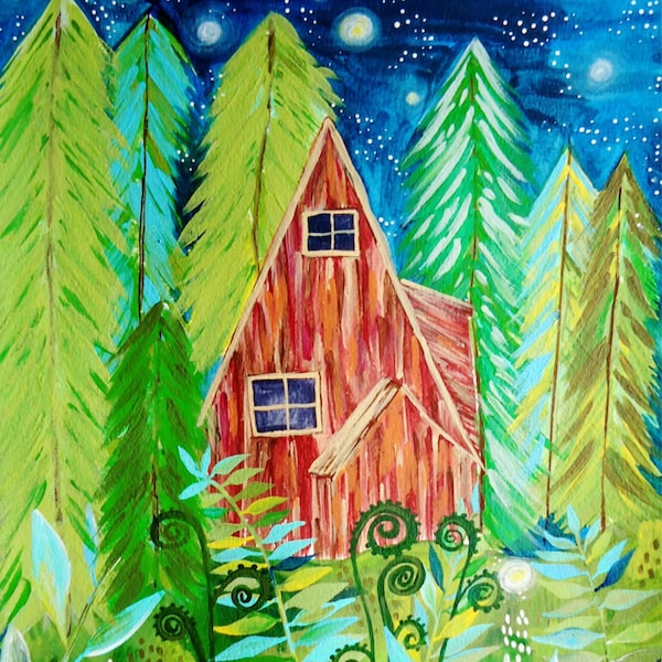 Cabin in the Woods Print | Cabin PNW Rainforest Wall Art