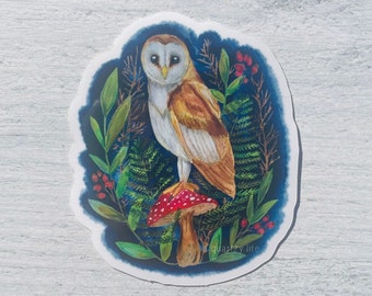 Barn Owl on Mushroom Woodland Folklore Sticker