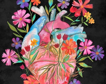 Human Heart Art | Nurse Gifts | Heart & Flowers Art Print | Love Art | 8.5x11 inches