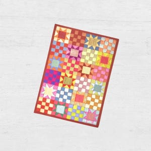 May include: A colorful, geometric quilt design featuring squares and star patterns in shades of red, pink, yellow, blue, and green. The quilt is framed with a red border and set against a white wooden background.