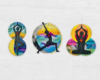 Yoga Poses Spiritual Sticker Set | Decals for Laptop, Car, Water Bottle in Tree Pose, Lotus Pose, Crescent Moon Pose