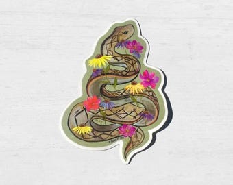 Snake & Flower Sticker | Pretty Snake Nature Decal for Car, Laptop, Water Bottle