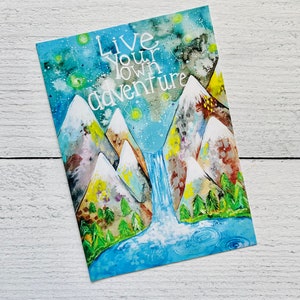 Carte de motif de montagnes d'aventure et de cascade | Carte d'encouragement | Nouvelle carte de changement de vie professionnelle