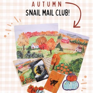 May include: A collection of stationery items featuring the text a quartzy life AUTUMN SNAIL MAIL CLUB! The set includes watercolor-style cards and stickers depicting autumn landscapes with red barns, orange trees, pumpkins, a witch on a moon, and a black cat.