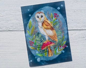Folksy Woodland Barn Owl Mushroom Card