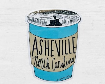 Klistermärke med kaffekopp i Asheville | Klistermärke med kaffe i Blue Ridge Parkway | Dekal med berg och kaffe
