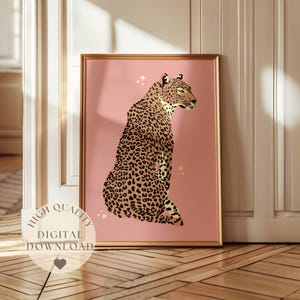 Arte de pared con leopardo rosa, arte de pared imprimible moderno y femenino, estampado de leopardo elegante, arte rosa, arte de moda, decoración de dopamina, póster de leopardo elegante