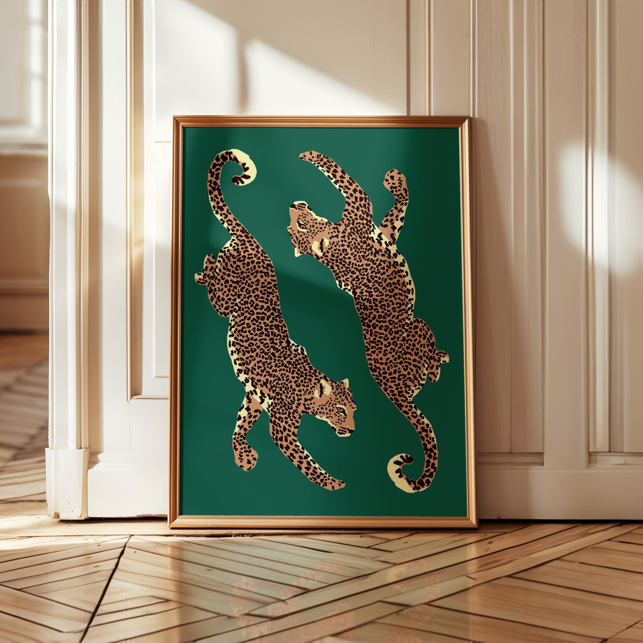 Emerald Green Leopard Wall Art: Bold Statement Maximalist Print