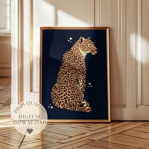 Arte de parede com leopardo estilosa, arte para impressão em azul marinho, arte moderna, decoração de parede moderna, arte de parede para apartamento, estampa de leopardo, decoração com dopamina