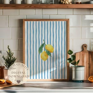 Küchen Wandkunst, Zitrone Wandkunst, Zitrusfrüchte Druck, Italienischer Sommer Trend Druck, Gestreiftes Poster, Vintage Küche Essen Druckbare Kunst