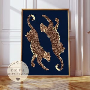 Arte de parede com leopardo estilosa, arte para impressão em azul-marinho, arte moderna, decoração de parede moderna, presente colorido e ousado, estampa de leopardo, decoração com dopamina