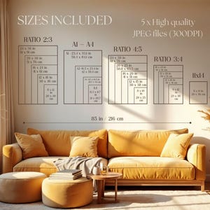 May include: A living room scene featuring a mustard-yellow sofa with matching ottomans and a small wooden side table. The wall displays a print with size options in inches and centimeters, including 24x36 in (61x91 cm) and 85 in (216 cm).