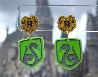 Wizard House HP Inspired Green and Gray Snake Laser Cut Acrylic Earrings