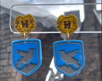 Wizard House HP Inspired Blue and Gray Raven House Laser Cut Acrylic Earrings