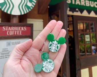 Starbucks is better in Disney. Green starbucks disney inspired acrylic cut dangle Earrings