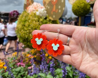 Flower and Garden Festival EPCOT Inspired Orange Flower and Teal Mickey Laser Cut Acrylic Earrings