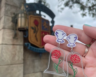 Beauty and The Beast Enchanted Rose Chip Acrylic Cut Dangle Stud back Earrings