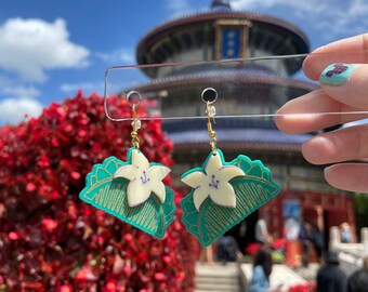 Mulan Inspired Hair Comb "You'll Bring Honor to Us All" Teal and Cream Flower Laser Cut Acrylic Earrings