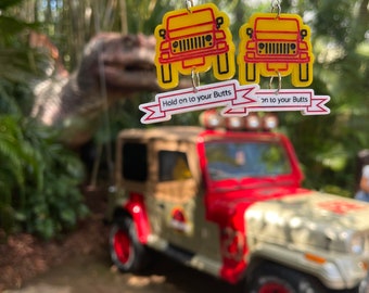 Hold On To Your Butts Jurassic Park Inspired Jeep Acrylic Laser Cut Two Part Dangle Earrings