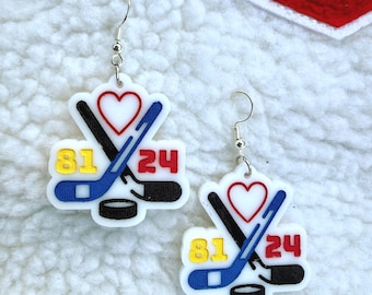 Heated Rivalry Shane and Ilya 81 and 24 Hockey teams Acrylic dangle earrings.