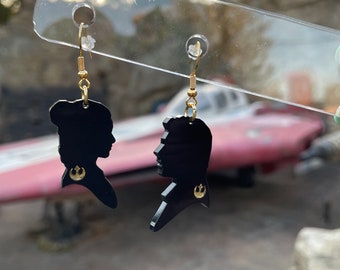 Han Solo and Princess Leia Silhouette Rebel Force Black and Gold Acrylic Laser Cut and Engraved Dangle Earrings.