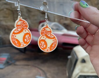 BB8 Star Wars Force Awakens inspired Orange, Droid Beige Acrylic dangle earrings. Galaxy's Edge. Batuu Hollywood studios. disney inspired