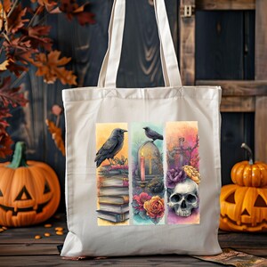 Spooky Season Tote Bag | Vintage Halloween Skull, Books | Gothic Autumn Aesthetic Bag, Trick or Treat Bag, Halloween Shopping Bag,