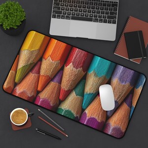 Desk Mat - Colorful Pencil Crayons Alignment, Artist Gift, Office Decor, School Supplies, Creative Workspace Accessory