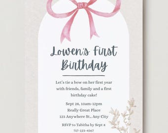 First Birthday Coquette Bow Birthday Invitation - DIGITAL DOWNLOAD