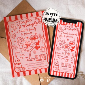 Puede incluir: Una invitación navideña roja y blanca con el texto "Let's Jingle & Mingle, a toast to family & friends." La invitación presenta una ilustración de Papá Noel y detalles del evento. Un smartphone muestra el mismo diseño.