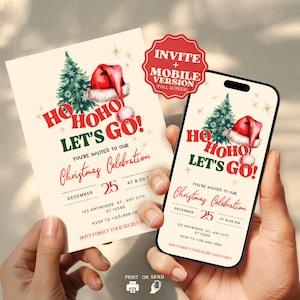 Puede incluir: Una invitación navideña con un gorro de Papá Noel y un árbol de Navidad. La invitación dice "Ho Ho Ho, Let's Go!" e incluye detalles para una celebración navideña el 25 de diciembre.