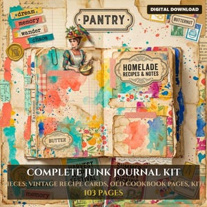 May include: A complete junk journal kit with 103 pages. The kit includes vintage recipe cards and old cookbook pages. The journal has a colorful watercolor design with the words "Pantry" and "Homemade Recipes & Notes".