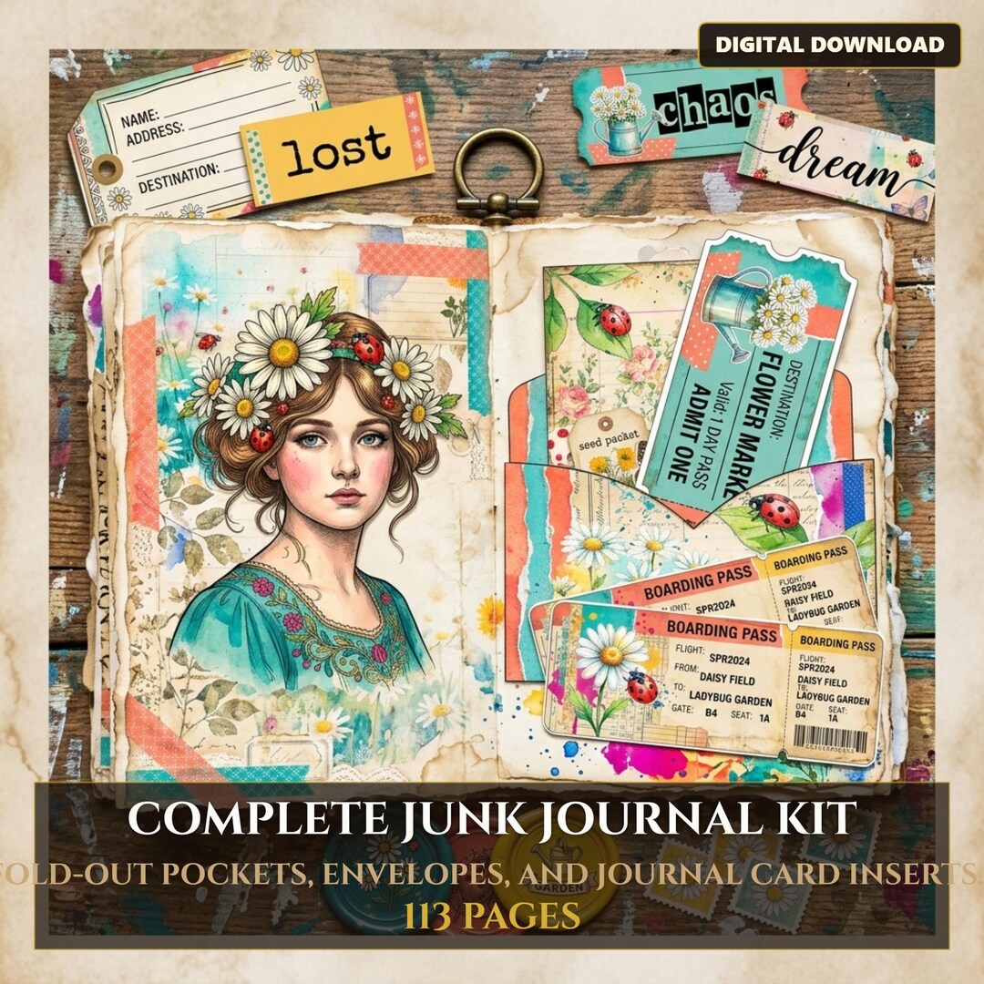 Daisy Ladybug Junk Journal Kit, Spring Cottagecore Ephemera Printable ...
