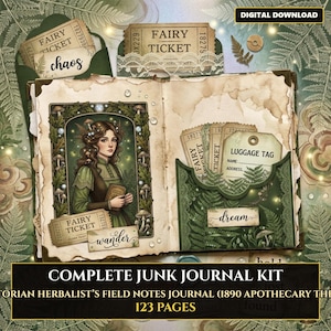 May include: A complete junk journal kit with a Victorian herbalist theme. The kit includes a journal with 123 pages, fairy tickets, and a luggage tag. The journal features a portrait of a woman and the words "wander" and "dream".