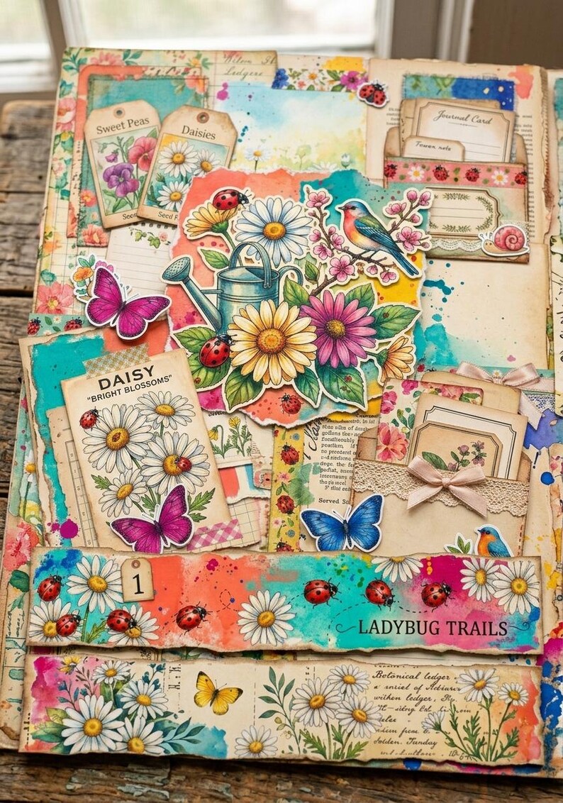 Daisy Ladybug Junk Journal Kit, Spring Cottagecore Ephemera Printable ...