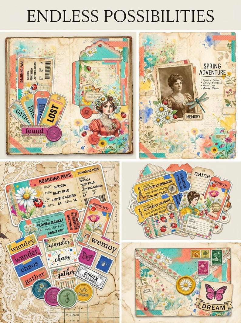 Daisy Ladybug Junk Journal Kit, Spring Cottagecore Ephemera Printable ...