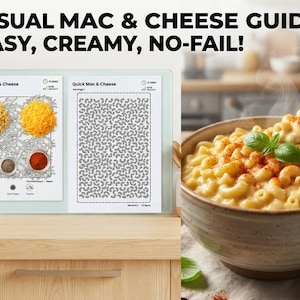 May include: A visual guide for mac and cheese with the text "VISUAL MAC & CHEESE GUIDE: EASY, CREAMY, NO-FAIL!". The image shows a bowl of mac and cheese, a spoon, and a guide with ingredients and instructions.