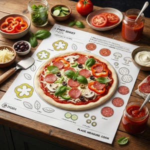 Pode incluir: Uma pizza com pepperoni, azeitonas e vegetais numa folha de preparação. Ingredientes como tomates, queijo e molho estão dispostos ao redor da pizza. A folha de preparação diz "PLACE. MEASURE. COOK".