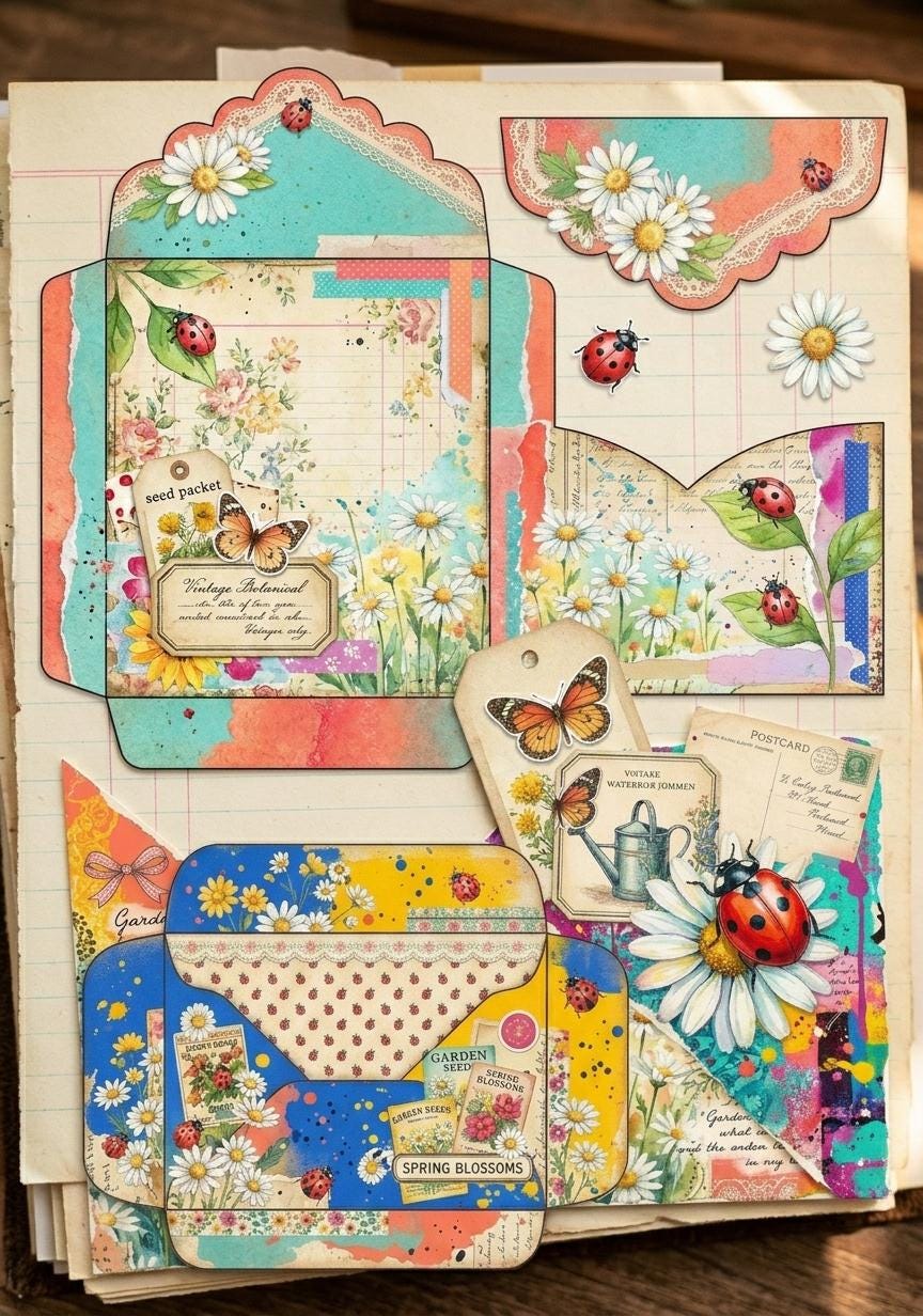 Daisy Ladybug Junk Journal Kit, Spring Cottagecore Ephemera Printable ...