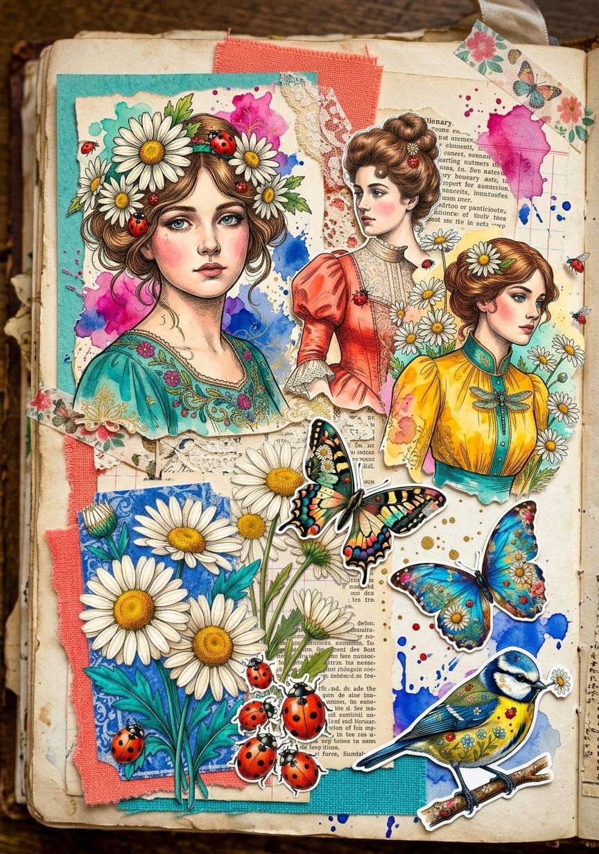 Daisy Ladybug Junk Journal Kit, Spring Cottagecore Ephemera Printable ...