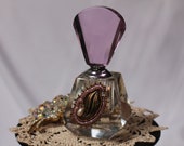 Pink Top Cut Glass Perfume Bottle with Vintage Leaf Earring