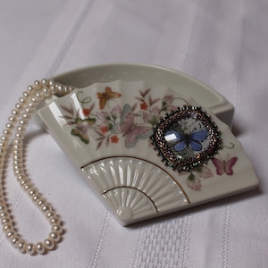 Vintage Avon Porcelain Fan Box With Beaded Butterfly Print and Antique Watch Crystal