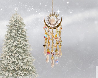 Sparkling Crystal Moon Suncatcher For Window Hanging, Boho Room Decor, Colourful Christmas Gift,Garden and Home Decor, Rainbow Maker
