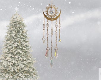 Sparkling Crystal Moon Suncatcher For Window Hanging, Boho Room Decor, Christmas Gift,Garden and Home Decor, Rainbow Maker