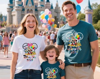 May include: Three people wearing matching Disney Trip 2023 t-shirts. The shirts feature a Mickey Mouse head design with Disney characters and the words "Mommy", "Daddy", and "Disney Trip 2023". The background includes a castle and colorful balloons.
