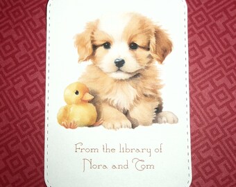 Personalized Bookplate Puppy and duck friends - 10 - Adhesive - Peel and stick - Gift under 15  - Sticker - Book Plate - Children - Kids