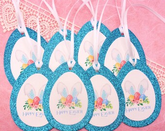 Elegant Easter Gift Tags - Set of 8 - Favors - Trending - Turquoise Glitter Bunny Ears Hang Tags - Easter Egg Basket - Party Favor tags