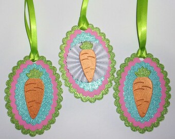 Easter Rosettes - Carrots - Home decor - Party decorations - Glitter Paper - Ornaments - Set of 3 Gift Tags - Holiday embellishment