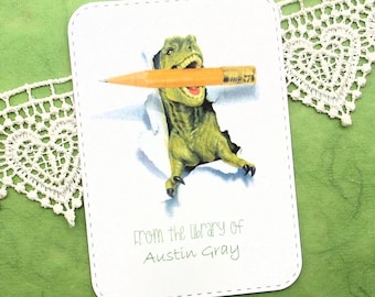 Dinosaur with Pencil Personalized Bookplate - Set of 10 - Adhesive - Peel and stick - Sticker - Book Plate - Children - Kids