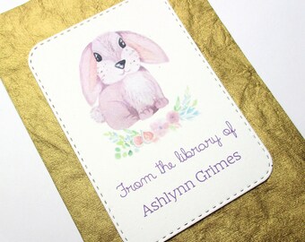 Bunny Personalized Bookplate - Set of 10 - Adhesive - Peel and stick - Large - Embossed - Sticker - Book Plate - Juvenile - Gift under 15